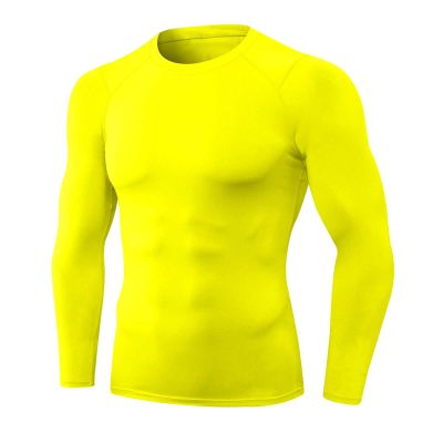 Yellow Mens Compression Shirts Long Sleeve Athletic Workout Baselayers Quick Dry Sports Gear Running Tops
