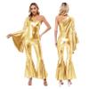 Hedmy Women Foxy Lady Disco Costume 70s Metallic Shiny Jumpsuit One Shoulder Wide Leg Romper Bodysuit Gold Medium view 3