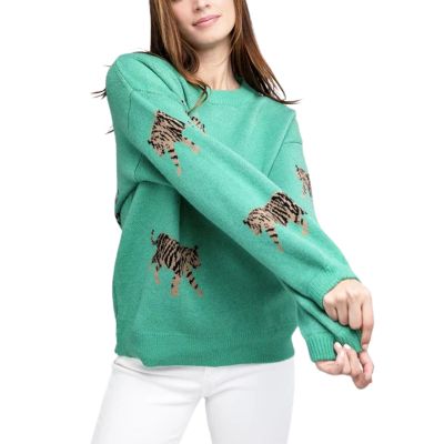 Women Y2k Sweaters Vintage Tiger Print Long Sleeve Pullover Sweater Fall Knitwear Streetwear (Green Tiger Print, M)