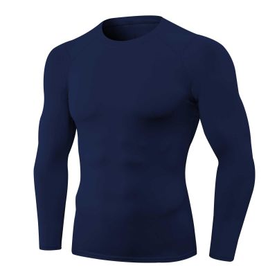 Navy Blue Compression Shirt Men Running Workout Long Sleeve Quick Dry Base Layer Athletic T-Shirt Gym Tops