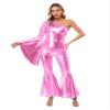 YiZYiF Women 70s Disco Costume Adult Retro Hippie Jumpsuit One Shoulder Flare Sleeve Wide Leg Romper Pink 3X-Large view 1