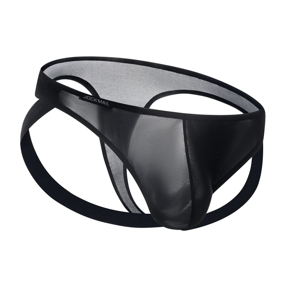JOCKMAIL Men's Jockstrap Sexy Underwear Men's Ice Silk Thong Low Rise Bikini Underwear (US, Alpha, X-Large, Regular, Regular, Black)