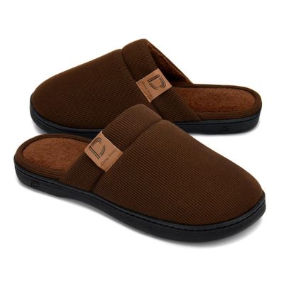 DL Men's Memory Foam Slippers with Fuzzy Plush Lining, Slip on House Slippers with Indoor Outdoor Anti-Skid Rubber Sole,Tan, Size13-14