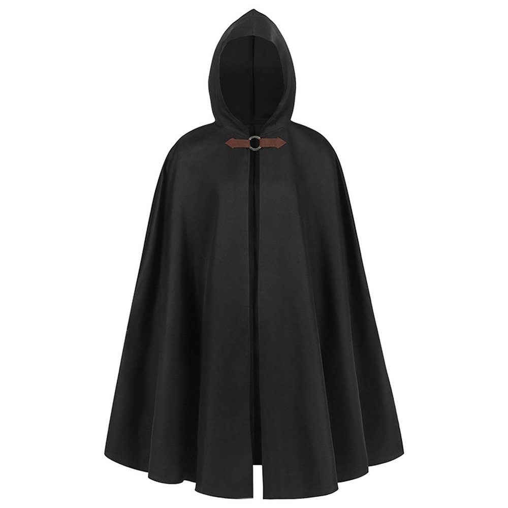 HELLORSO Renaissance Hooded Witch Cloak Medieval Hobbit Halloween Medieval Costume Cosplay Short Cape for Men and Women (Black)
