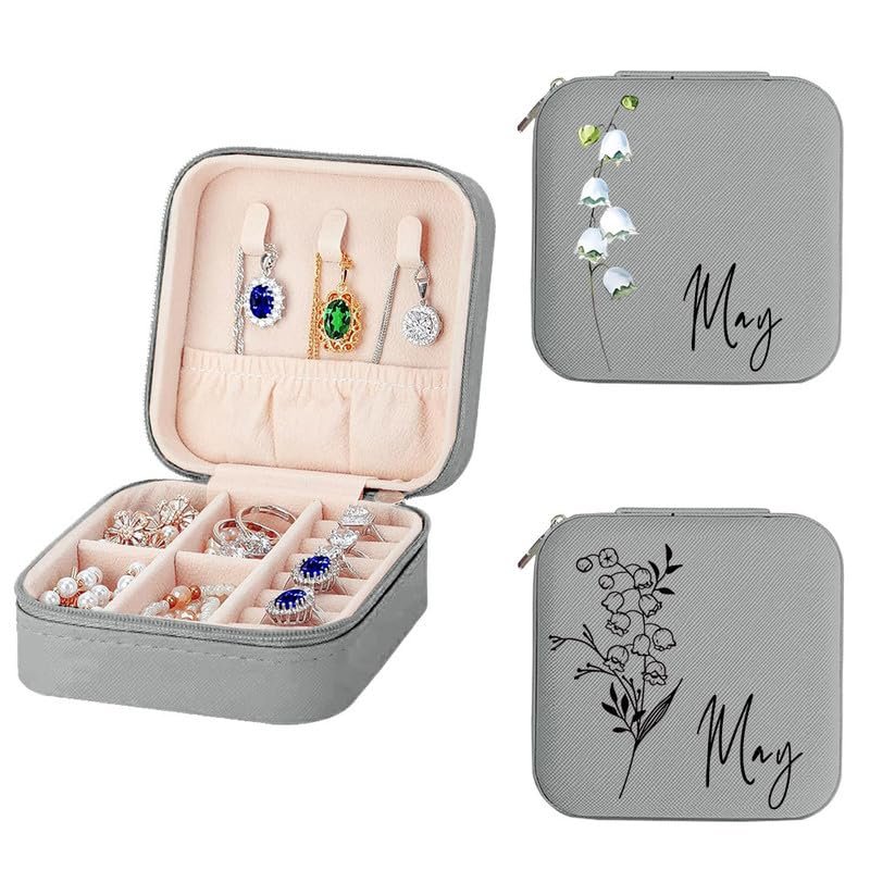 Mocessory Personalized Jewelry Box,Travel Jewelry Case,Name & Birth Flower Month,Jewelry Organizer Personalized Gifts for Women Birthday