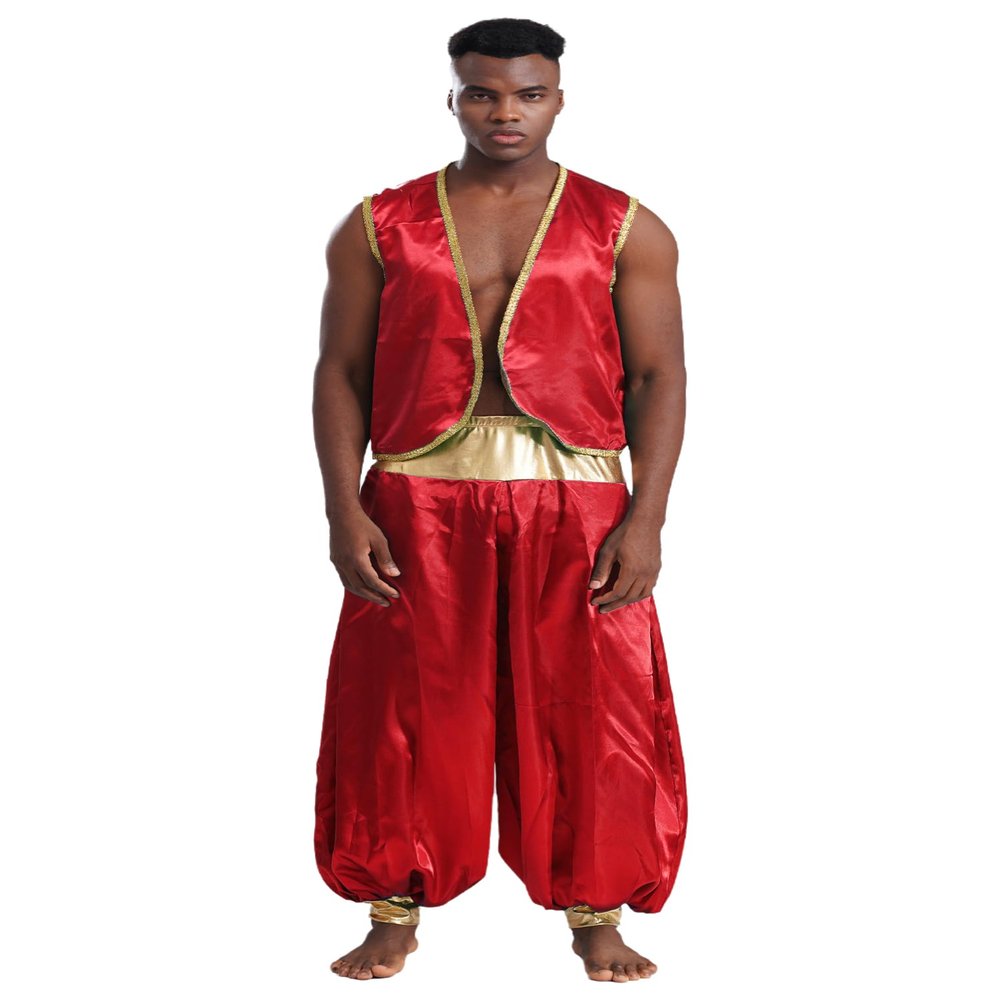 Alvivi Men's Arabian Prince Lamp Costume Adult Persian Cosplay Outfits Stain Waistcoat with Harem Pants Burgundy&Burgundy 4X-Large