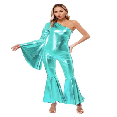 Fldy Women One-Piece Rompers Halloween Jumpsuit One Shoulder Flare Sleeve Bodysuit 70s Disco Costumes Blue Green Large