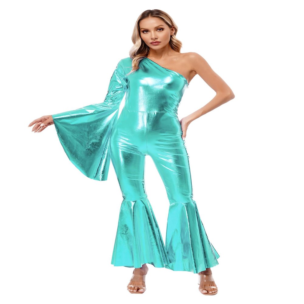 Fldy Women One-Piece Rompers Halloween Jumpsuit One Shoulder Flare Sleeve Bodysuit 70s Disco Costumes Blue Green Large