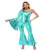 Fldy Women One-Piece Rompers Halloween Jumpsuit One Shoulder Flare Sleeve Bodysuit 70s Disco Costumes Blue Green Large