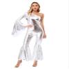 ACSUSS Womens 70s Disco Hippie Costume Shiny Metallic Bell-Bottomed Full Body Jumpsuit Halloween Silver X-Large view 1