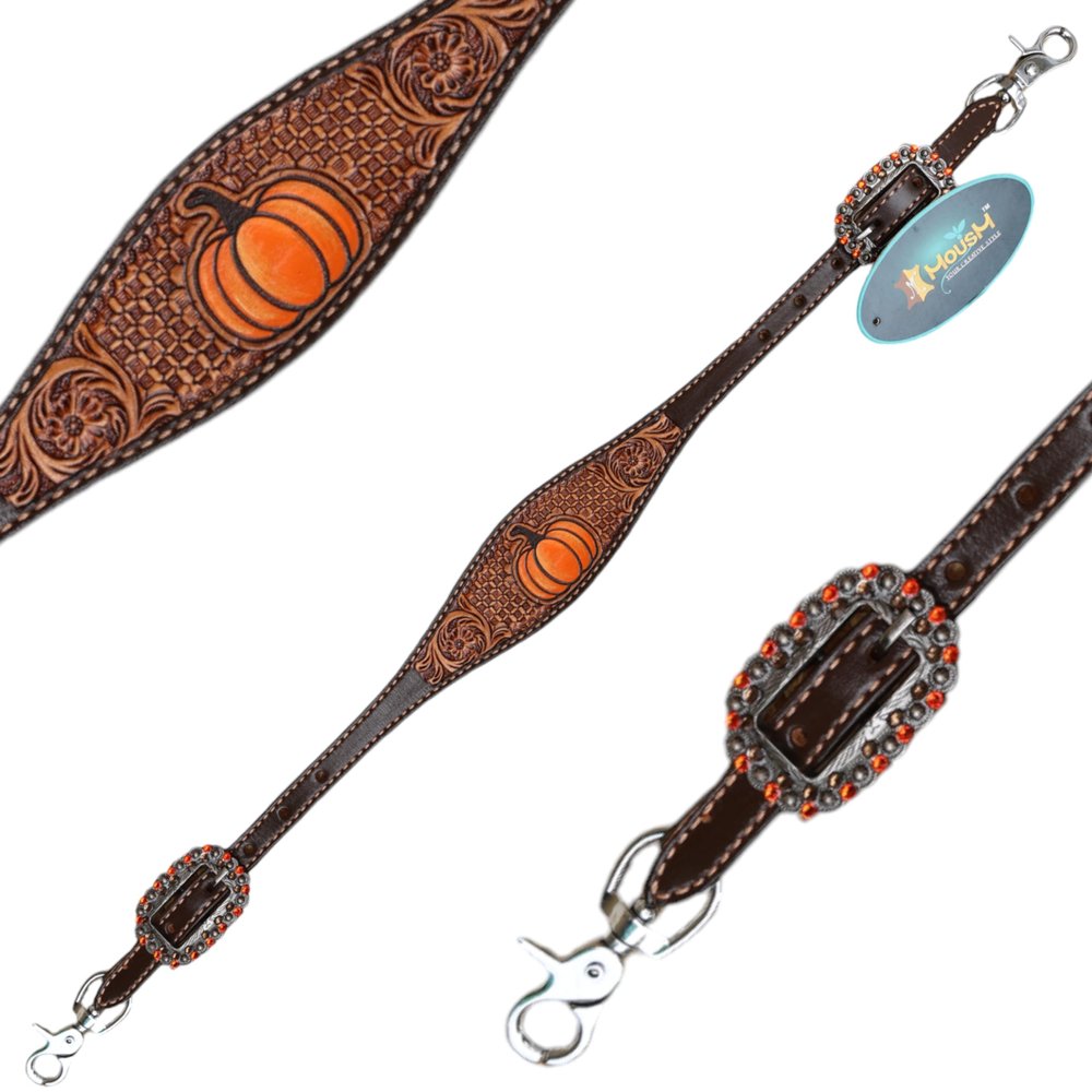 Spooky Western Leather Wither Strap for Horse - Hand Painted Halloween Pumpkin with Floral Tooling, Rhinestones, and Window Carving (Wither STRP Only)