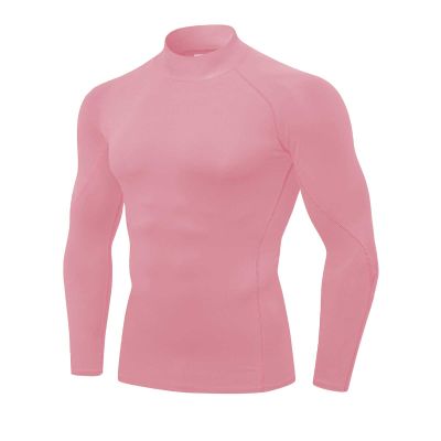Men's Pink Compression Shirt Long Sleeve Athletic Running Tops Football Turtle Neck Shirts Sport Baselayer Undershirt