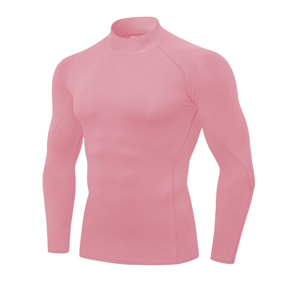 Men's Pink Compression Shirt Long Sleeve Athletic Running Tops Football Turtle Neck Shirts Sport Baselayer Undershirt