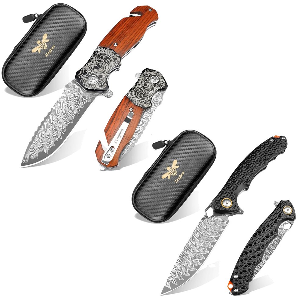 Zingbee 3.35" Pocket Knife with Glass Breaker & 3.35" Damascus Pocket Knife with Black Aluminum Handle