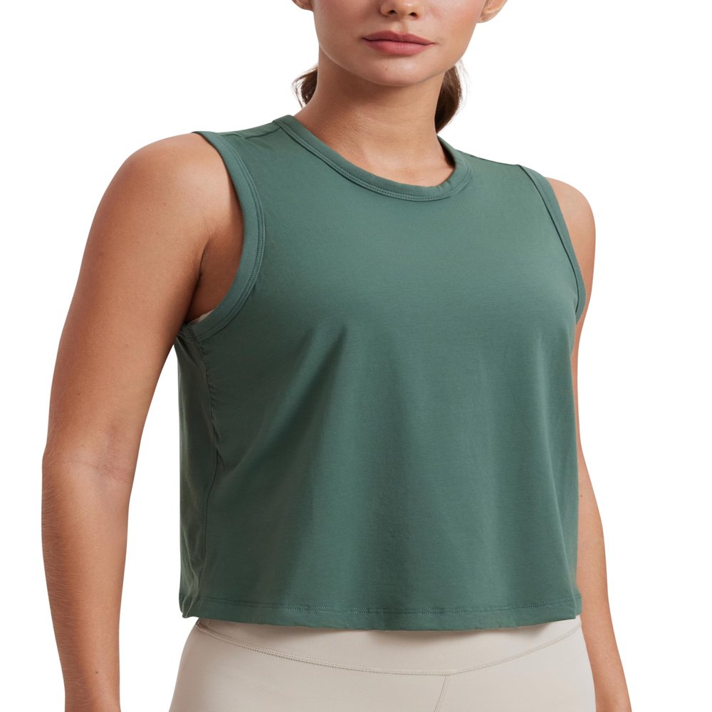 CRZ YOGA Pima Cotton High Neck Cropped Tank Tops for Women Soft Crop Workout Athletic Yoga Basic Sleeveless Shirts Graphite Green Medium