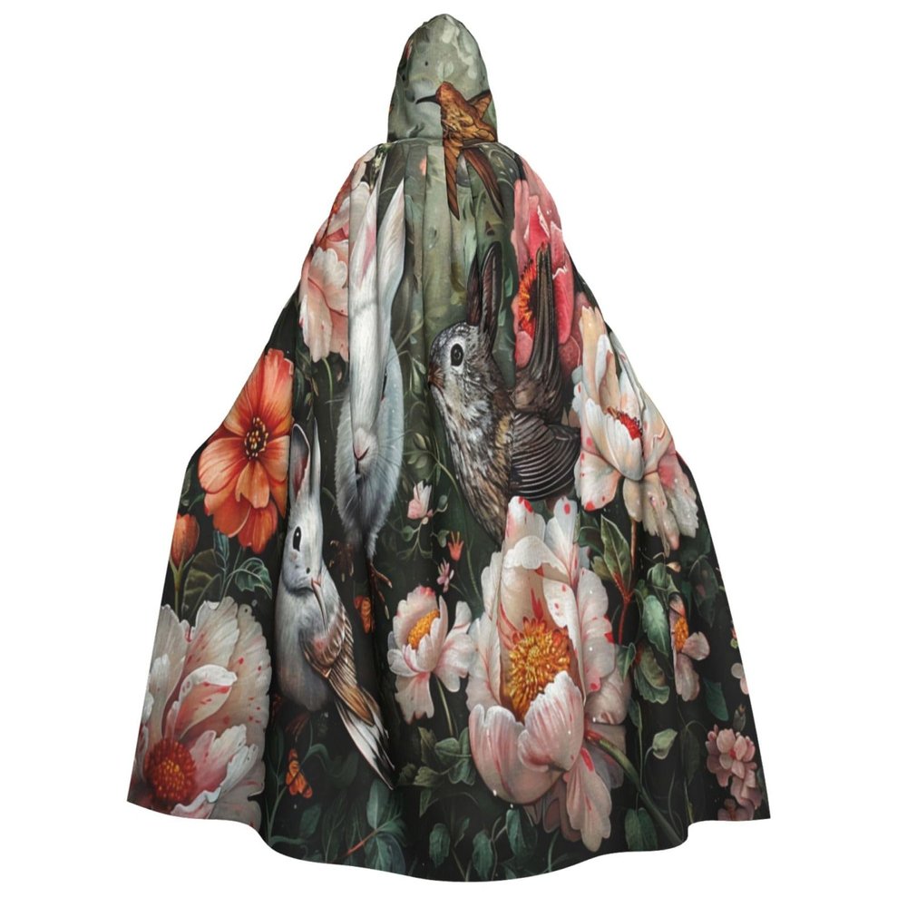 Jyckat Flowers Bunnies Birds - Cosplay Robe Costume Hooded Cloak, Halloween Cosplay Costume Robe Cloak Cape