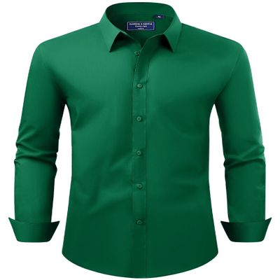 Alimens & Gentle Men's Dress Shirt Regular Fit Stretch Stain Shield Long Sleeve Solid Business Dark Green Button Down Shirt