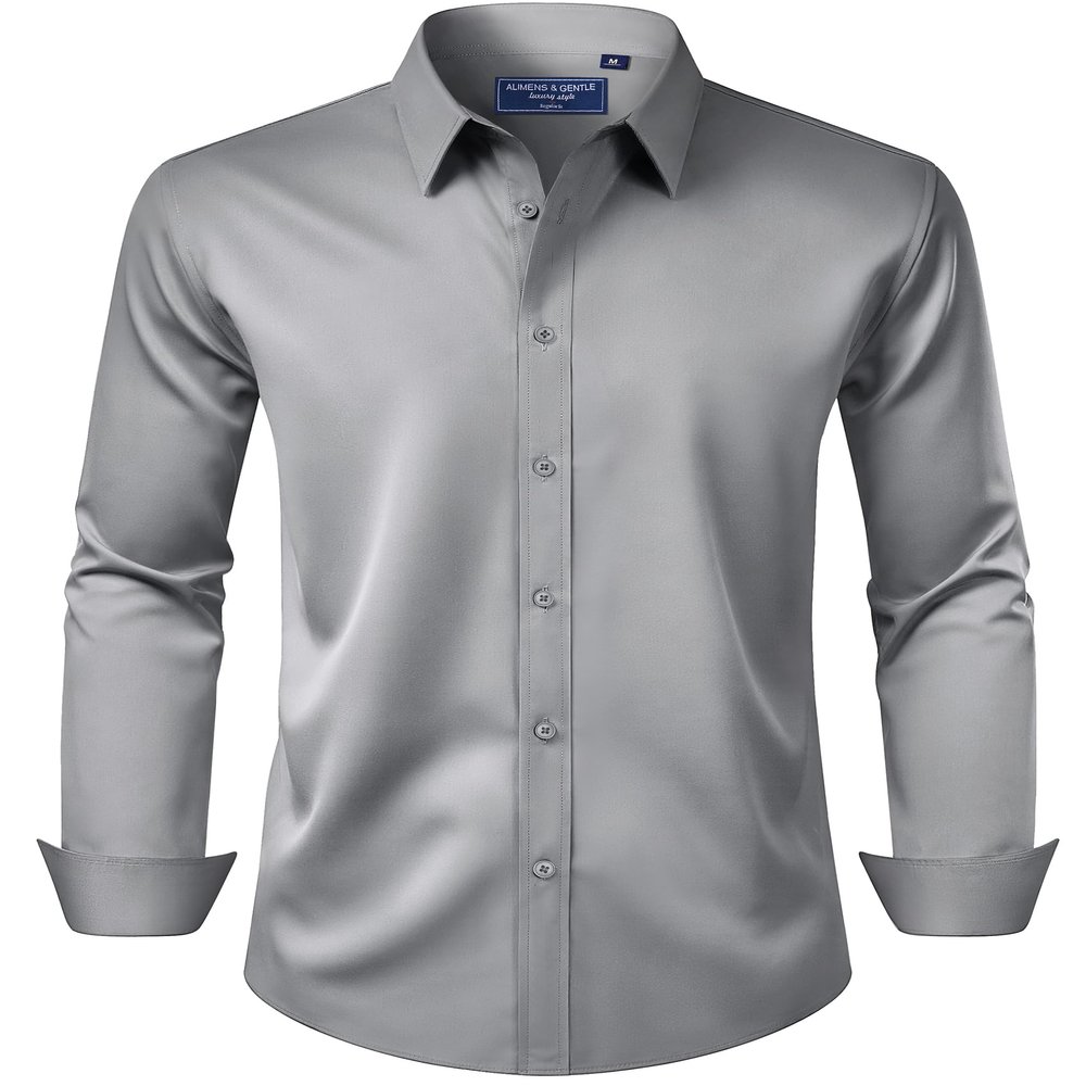 Alimens & Gentle Big Mens Dress Shirt Regular Fit Stretch Stain Shield Long Sleeve Party Casual Button Down Shirts,Grey,3X-Large