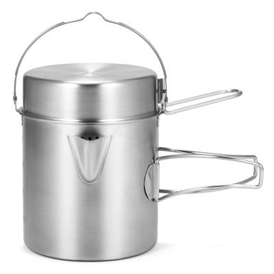 Camping Pot, Camping Coffee Kettle, Mugs Set, Stainless Steel Lightweight Kettle Bottle Cup Pot, with Collapsibles Handle and Lid for Ootdoor Hiking Backpacking Picnic, 12.3oz (Long Handle)