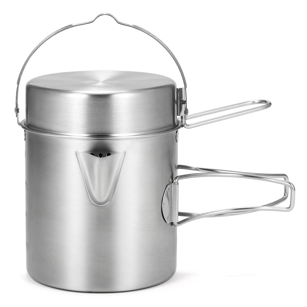 Camping Pot, Camping Coffee Kettle, Mugs Set, Stainless Steel Lightweight Kettle Bottle Cup Pot, with Collapsibles Handle and Lid for Ootdoor Hiking Backpacking Picnic, 12.3oz (Long Handle)