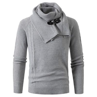 Men's Knitted Turtleneck Sweater Slim Fit Long Sleeve Winter Warm Pullover Tops Textured Ribbed Shawl Collar Hoodies Gray