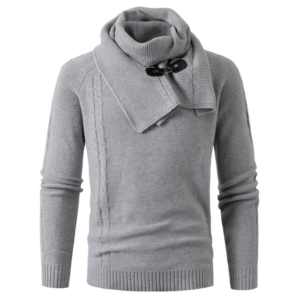 Men's Knitted Turtleneck Sweater Slim Fit Long Sleeve Winter Warm Pullover Tops Textured Ribbed Shawl Collar Hoodies Gray