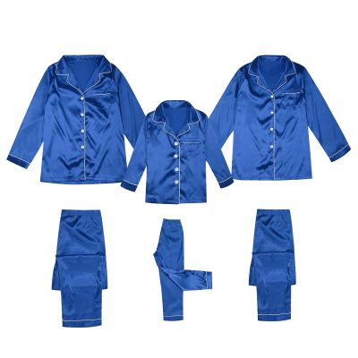 2025 Family Satin Christmas Pajamas Sets Solid Silk Xmas Pjs Matching Sets Soft Sleepwear for Mens Womens Adults Kids Kid Blue