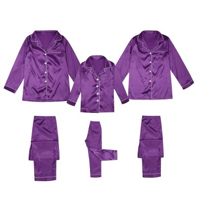 2025 Family Satin Christmas Pajamas Sets Solid Silk Xmas Pjs Matching Sets Soft Sleepwear for Mens Womens Adults Kids Kid Purple