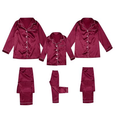 2025 Family Satin Christmas Pajamas Sets Solid Silk Xmas Pjs Matching Sets Soft Sleepwear for Mens Womens Adults Kids Kid Wine