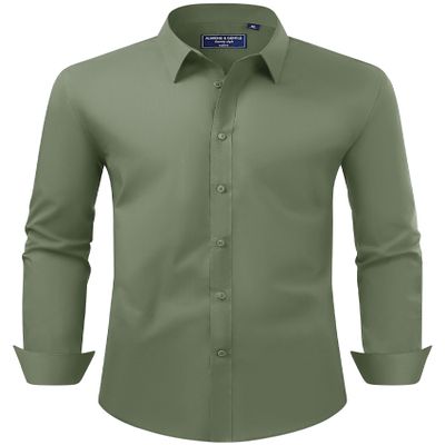 Alimens & Gentle Men's Dress Shirt Regular Fit Stretch Stain Shield Long Sleeve Solid Business Wedding Button Down Shirts,Olive Green,X-Large