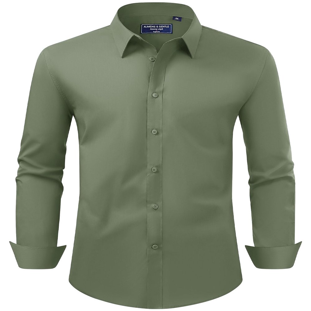 Alimens & Gentle Men's Dress Shirt Regular Fit Stretch Stain Shield Long Sleeve Solid Business Wedding Button Down Shirts,Olive Green,X-Large