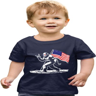 2T Navy Toddler Bigfoot Rock On USA American Flag Patriotic Sasquatch Toddler T-Shirt