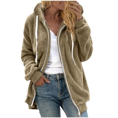 AQAYL Faux Fur Coat Women Zip up Long Hoodies Long Sleeve Hooded Jacket Drawstring Hoodies Warm Winter Coats Fashion Outfits Khaki