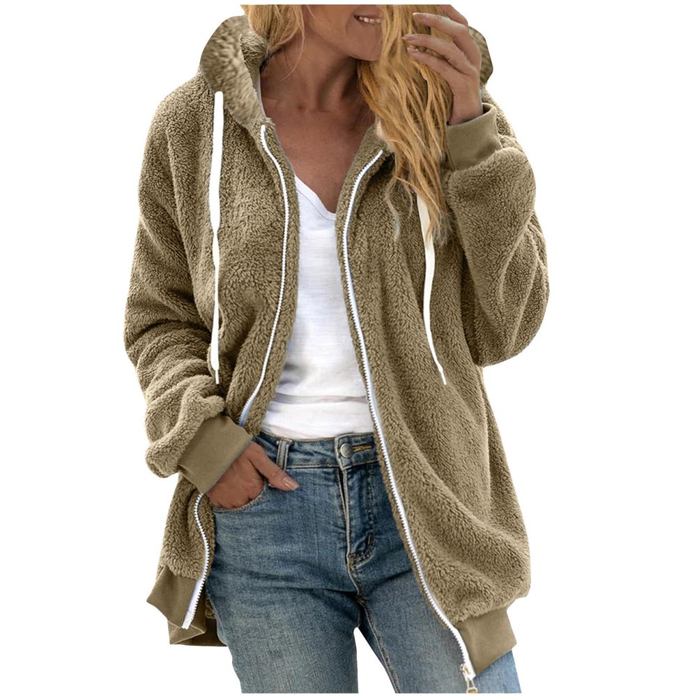AQAYL Faux Fur Coat Women Zip up Long Hoodies Long Sleeve Hooded Jacket Drawstring Hoodies Warm Winter Coats Fashion Outfits Khaki