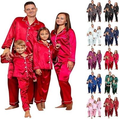 2025 Family Satin Christmas Pajamas Sets Solid Silk Xmas Pjs Matching Sets Soft Sleepwear for Mens Womens Adults Kids Kid Red