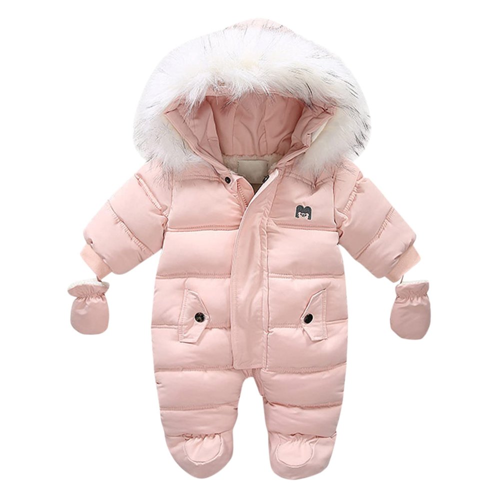 AIMAOMI Warm Baby Winter Clothes Hooded Snowsuit Outerwear Onesi + Gloves Toddler Snow Wear Winter Clothes (Pink, 12-18 Months)