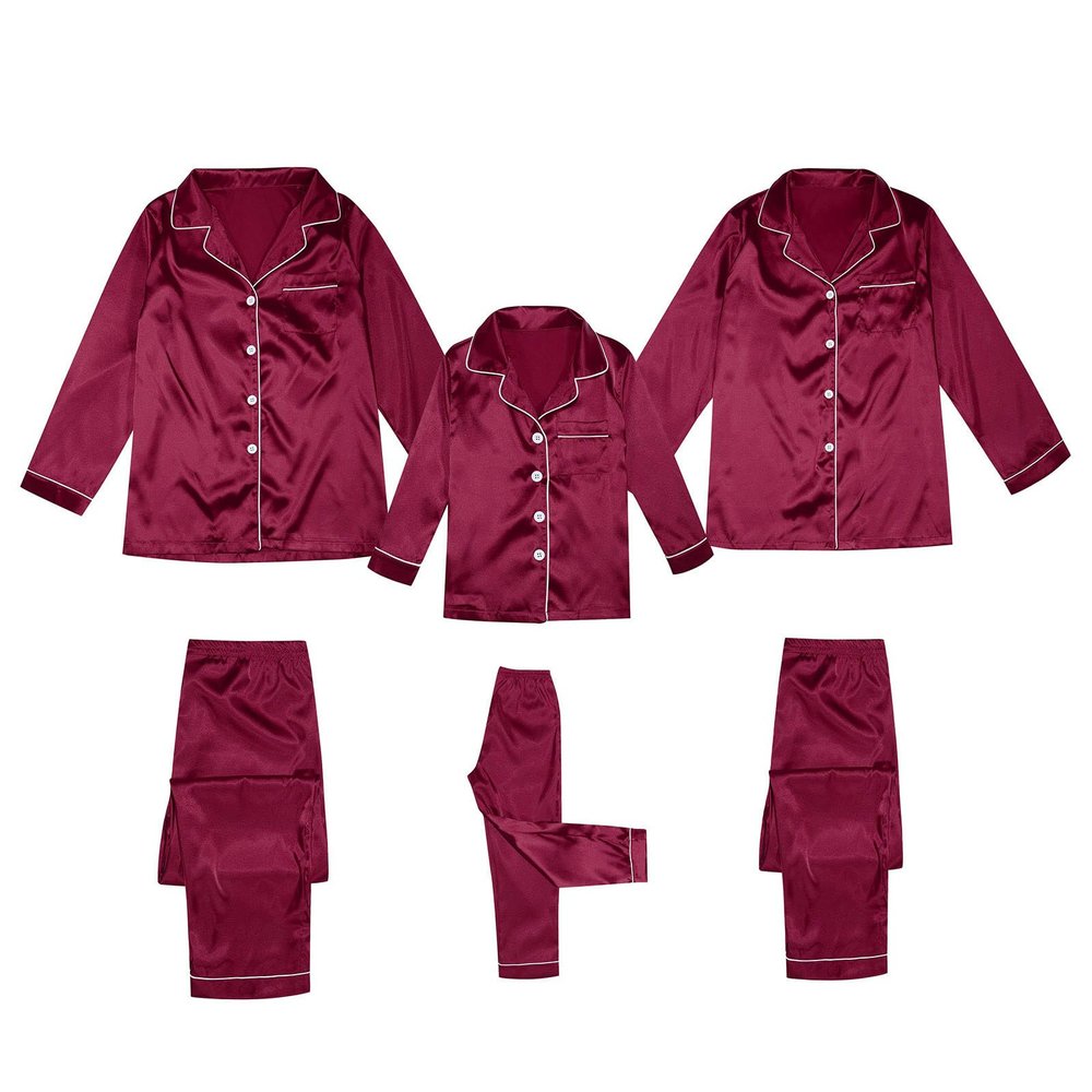 2025 Family Satin Christmas Pajamas Sets Solid Silk Xmas Pjs Matching Sets Soft Sleepwear for Mens Womens Adults Kids Kid Wine