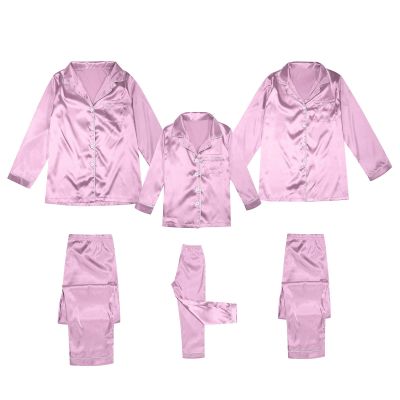 2025 Family Satin Christmas Pajamas Sets Solid Silk Xmas Pjs Matching Sets Soft Sleepwear for Mens Womens Adults Kids Kid Pink