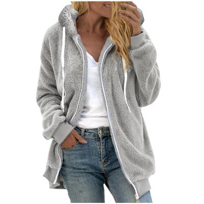 AQAYL Faux Fur Coat Women Zip up Long Hoodies Long Sleeve Hooded Jacket Drawstring Hoodies Warm Winter Coats Fashion Outfits Gray