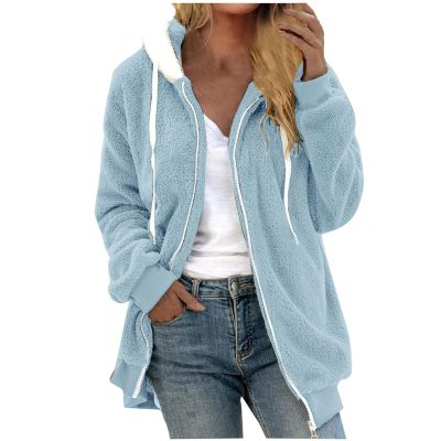 AQAYL Faux Fur Coat Women Zip up Long Hoodies Long Sleeve Hooded Jacket Drawstring Hoodies Warm Winter Coats Fashion Outfits Light Blue