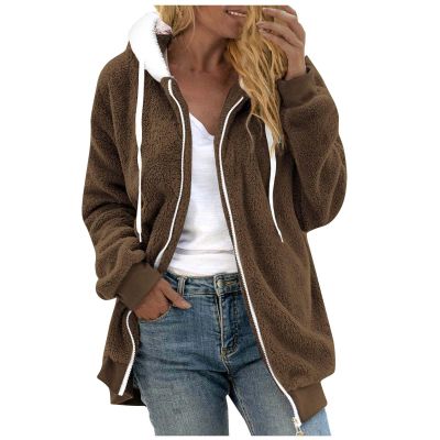 AQAYL Faux Fur Coat Women Zip up Long Hoodies Long Sleeve Hooded Jacket Drawstring Hoodies Warm Winter Coats Fashion Outfits Brown Brown