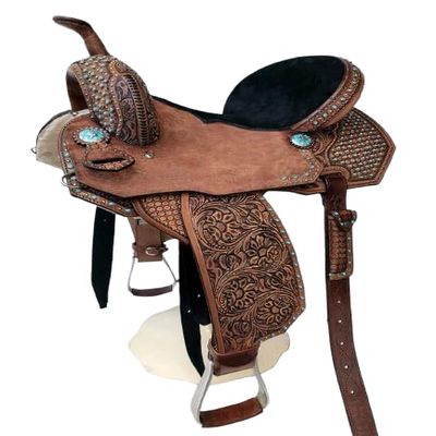 BNB International Western Barrel Racing Wooden Tree Horse Saddle Handmade Premium Leather Comfort Horse Trail Equestrian Tooled Carved Horse Saddle Riding Size: 10-18 inch MOL04 (13)
