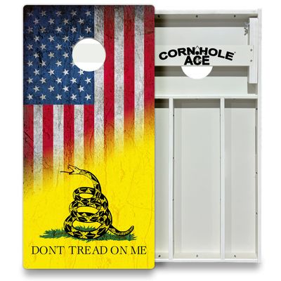 CornholeAce USA Flag and Gasden Flag Don't Tread on Me All Weather Pro Cornhole Board Set - Waterproof 4x2 Regulation Size, Made in USA, Triple Wide Legs, 3/4" PVC, Tournament Boards, Outdoor Ready