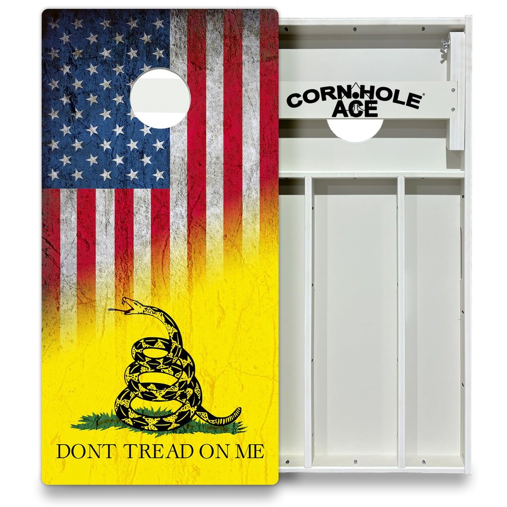 CornholeAce USA Flag and Gasden Flag Don't Tread on Me All Weather Pro Cornhole Board Set - Waterproof 4x2 Regulation Size, Made in USA, Triple Wide Legs, 3/4" PVC, Tournament Boards, Outdoor Ready