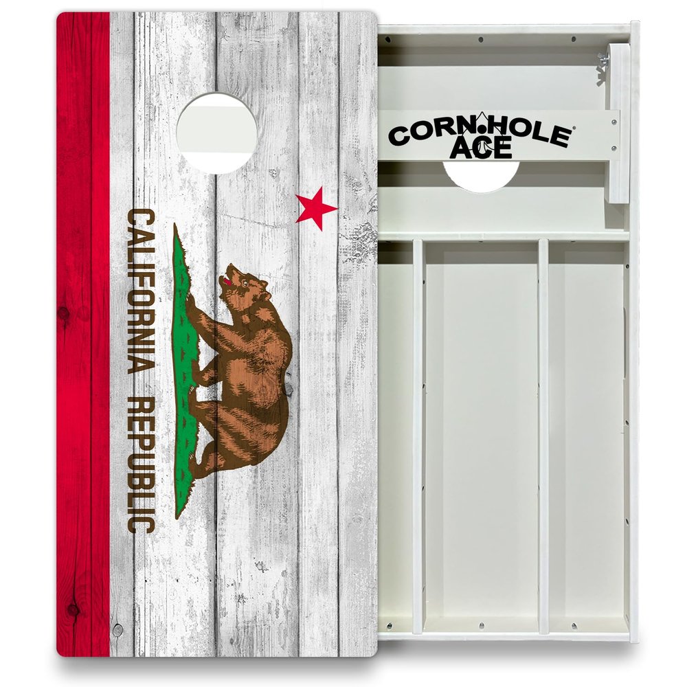 CornholeAce California State Flag All Weather Pro Cornhole Board Set - Waterproof 4x2 Regulation Size, Made in USA, Triple Wide Legs, 3/4" PVC, Official Tournament Boards, Outdoor Ready (2 Boards)