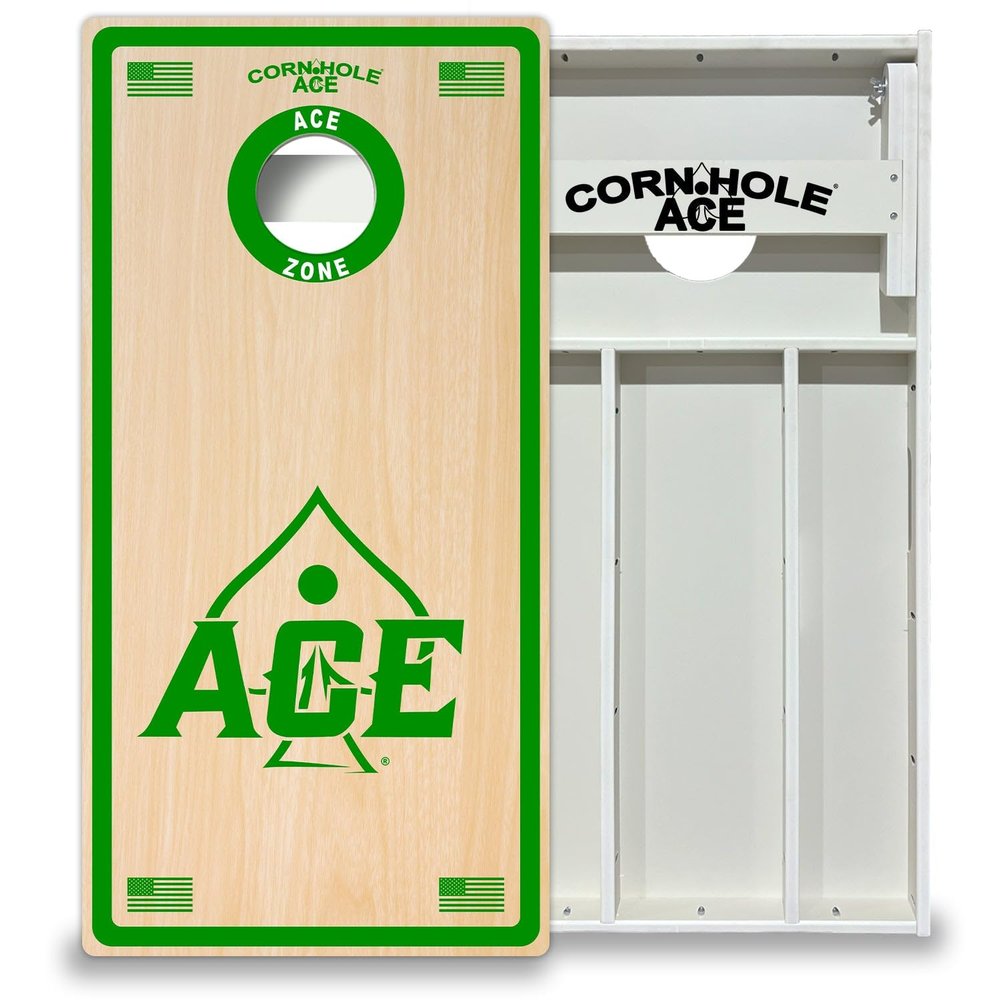 CornholeAce ACE Zone Green All Weather Pro Cornhole Board Set - Waterproof 4x2 Regulation Size, Made in USA, Triple Wide Legs, 3/4" PVC, Official Tournament Boards, Outdoor Ready (2 Boards)