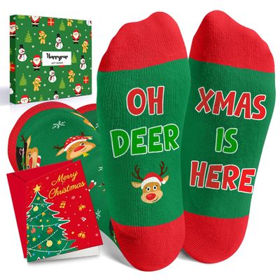 HAPPYPOP Christmas Gifts Socks for Kids - Reindeer Knee High Socks for 7-9 Years Old Boys Girls, Stocking Stuffers with Greeting Card