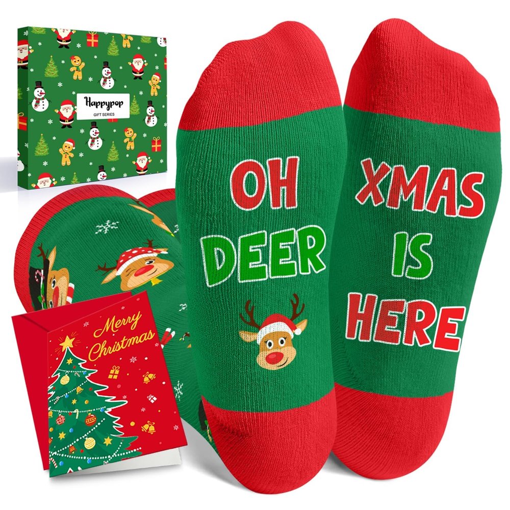 HAPPYPOP Christmas Gifts Socks for Kids - Reindeer Knee High Socks for 7-9 Years Old Boys Girls, Stocking Stuffers with Greeting Card