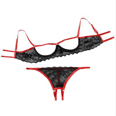 Lilosy Women's Sexy Underwire Floral Lace Sheer Bachelorette Lingerie Set See Through Bra and Panty 2 Piece Black Red Large