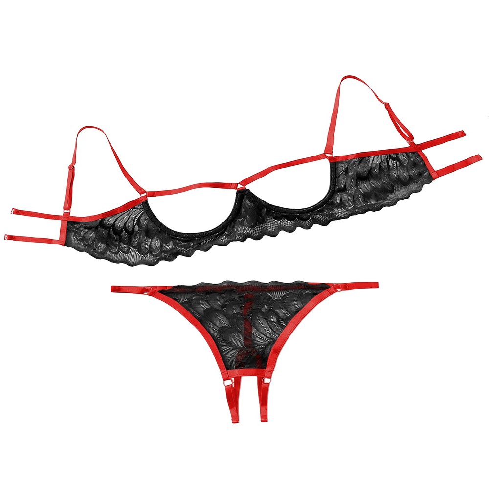 Lilosy Women's Sexy Underwire Floral Lace Sheer Bachelorette Lingerie Set See Through Bra and Panty 2 Piece Black Red Large